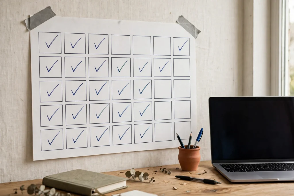 Wall calendar with thirty day boxes being ticked — 30-day practice tracker