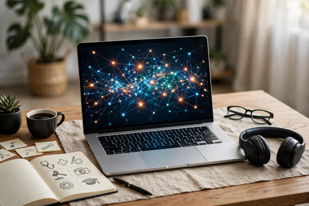 Laptop with abstract glowing shapes on screen — AI tools for different professions