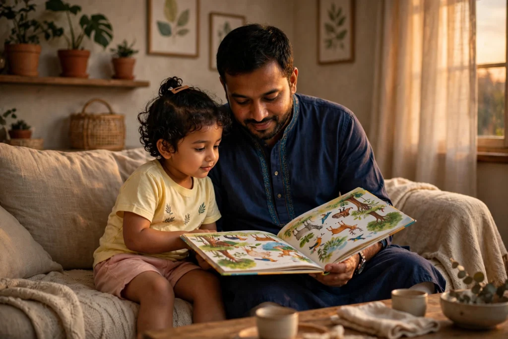 Father reading a picture book with his young child at home in warm evening light