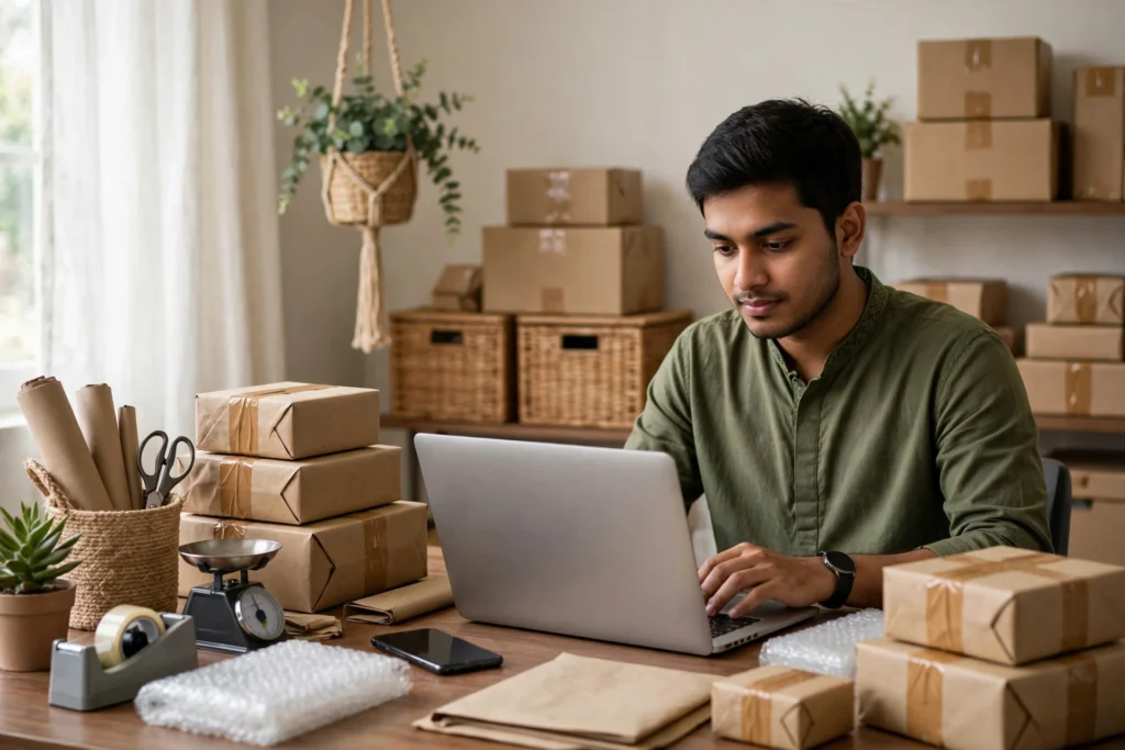 Small online business owner at an organized desk with laptop, delivery parcels and smartphone