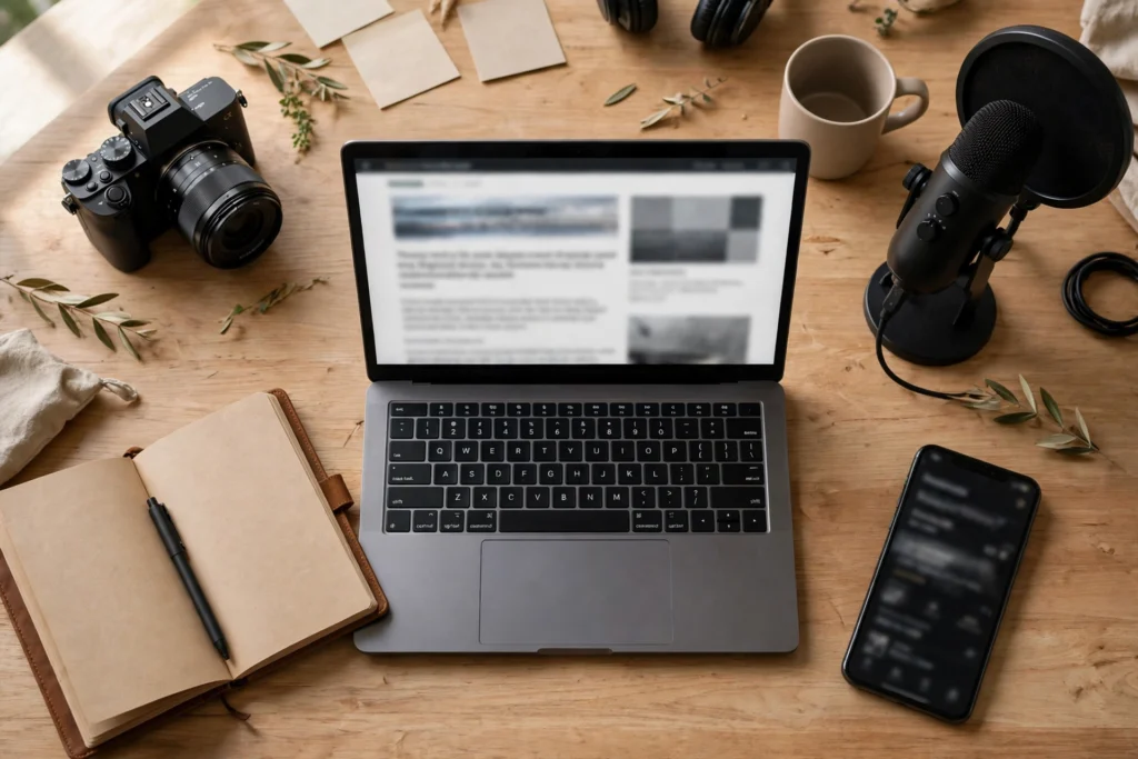 Creator desk with laptop, camera, microphone, phone and notebook — one content piece in many formats