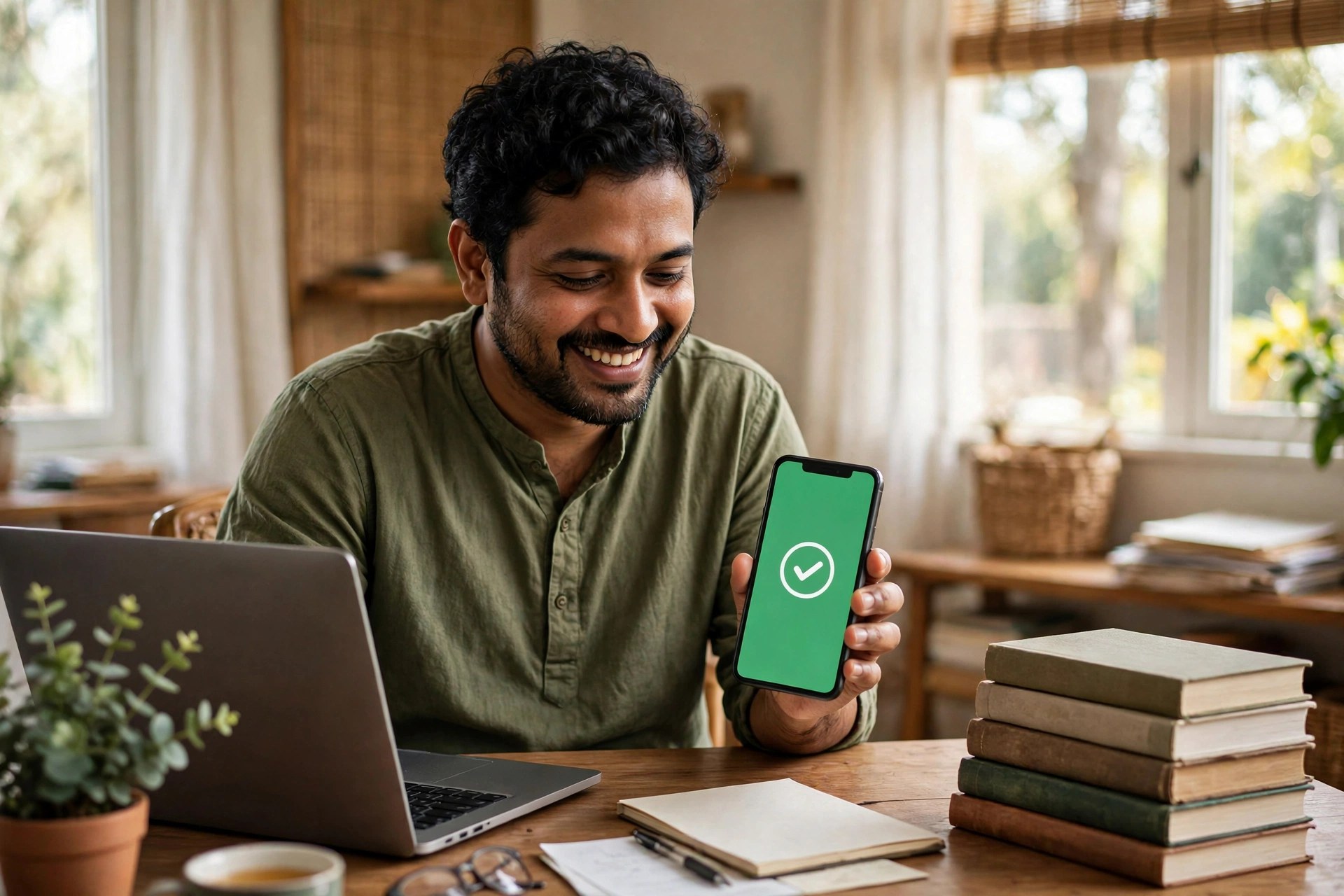 ফোনে প্রথম বিক্রির পেমেন্ট নিশ্চিত হওয়ার খুশিতে হাসছেন একজন ইবুক লেখক