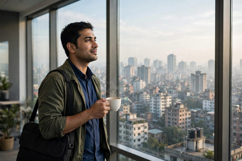 সকালে জানালার পাশে কফি হাতে দাঁড়িয়ে ভাবছেন একজন চাকরিজীবী
