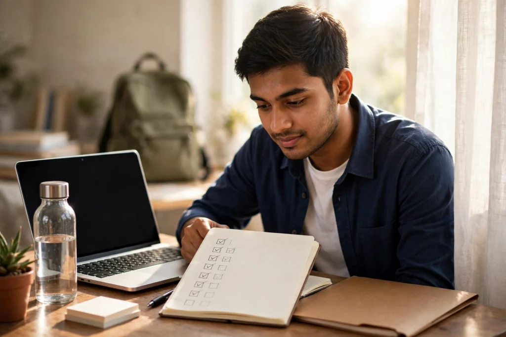 Bangladeshi student with folder and laptop preparing for an internship