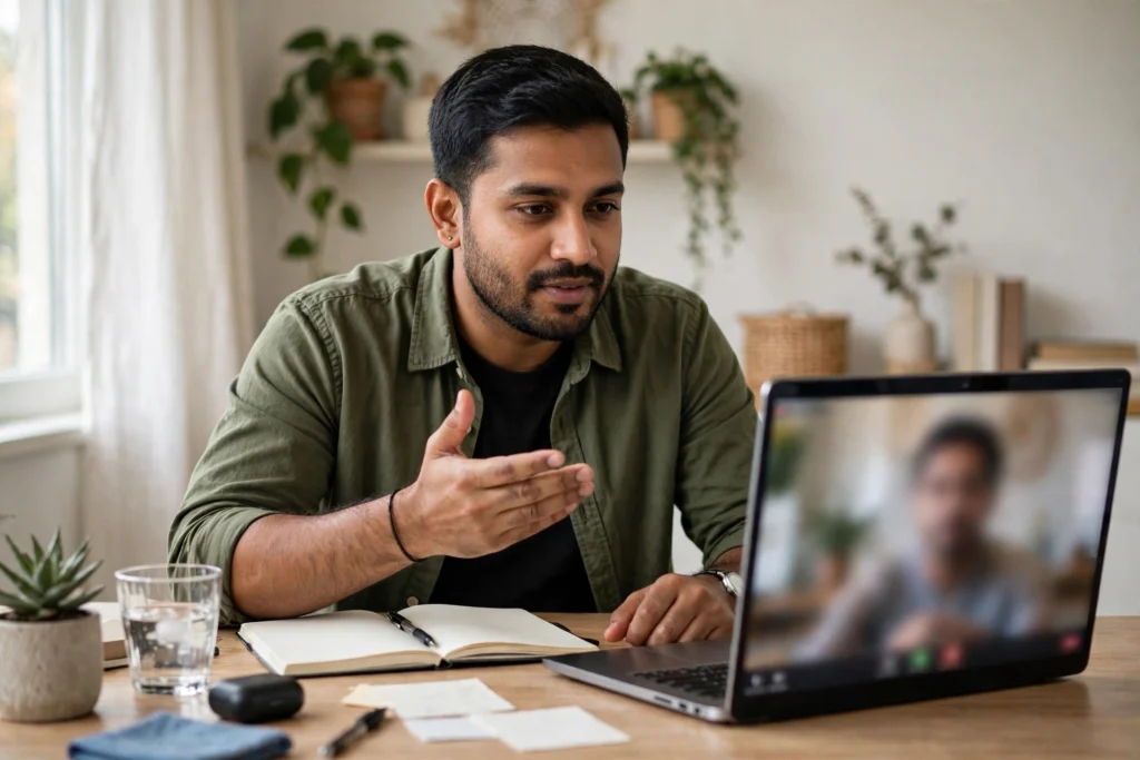 Confident freelancer on a video call at a clean home-office desk with laptop and notebook