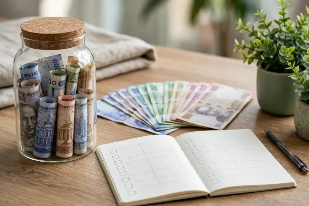 Glass savings jar with taka notes beside a notebook budget plan and a small green plant