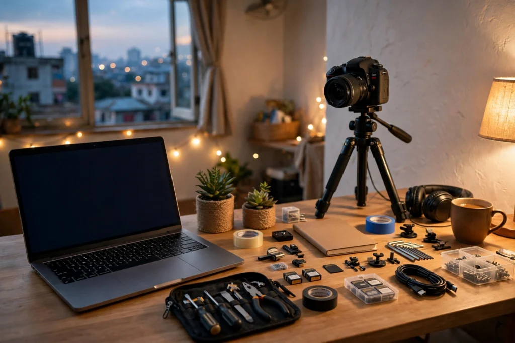 Small home service-business workspace with laptop and camera in Dhaka