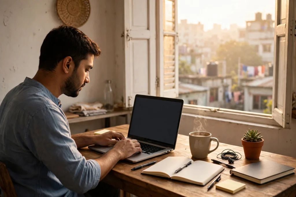 Bangladeshi freelancer sending proposals on a laptop at a home desk in Dhaka